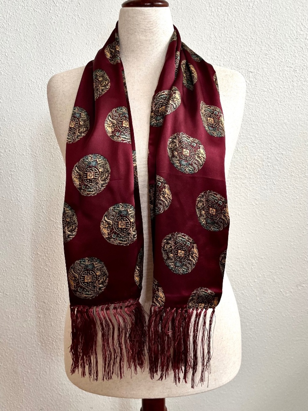 Vintage Long Burgundy Chinese Silk Scarf with Fringe